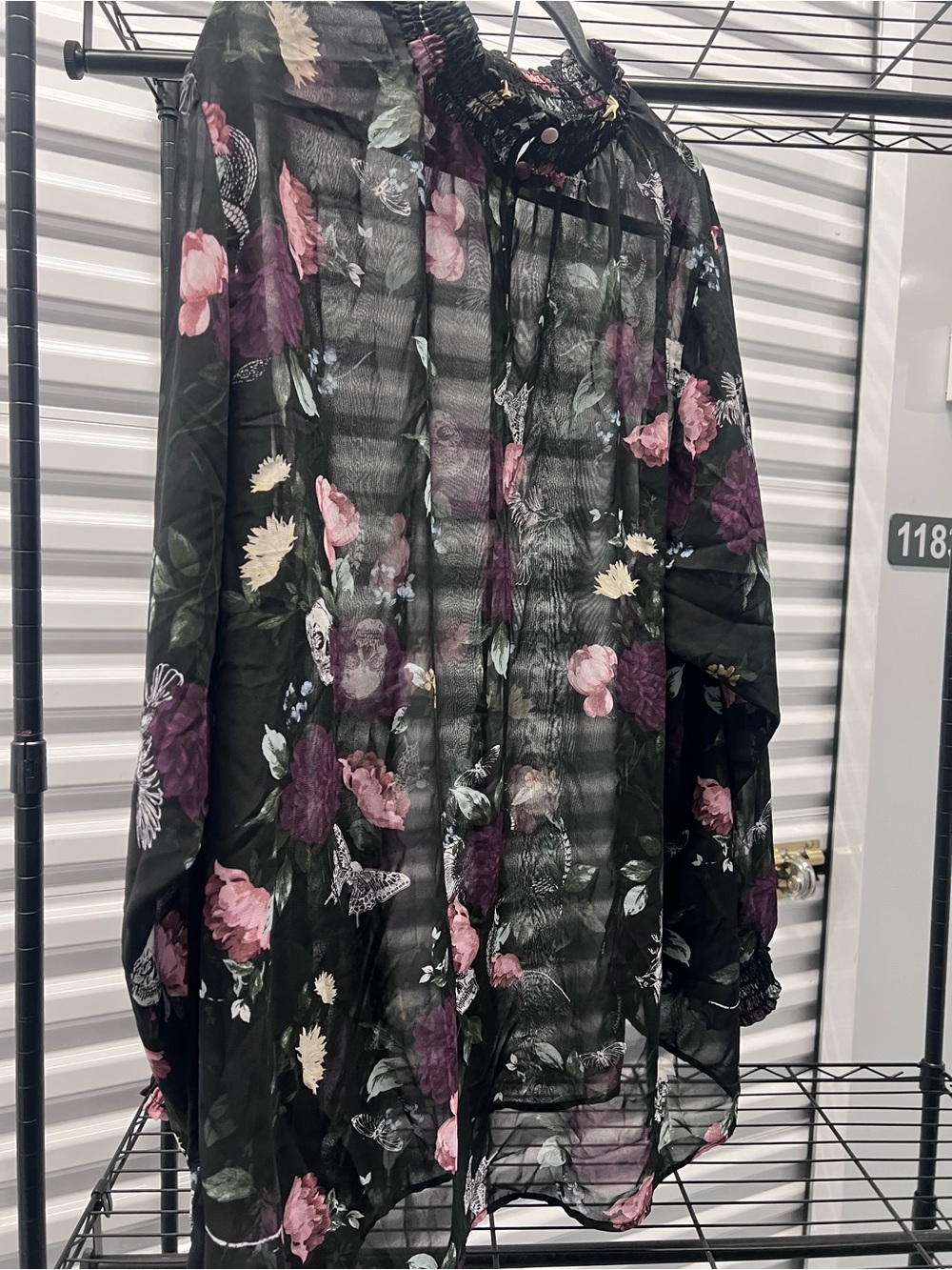 Torrid 5 Sheer Floral blouse- Black with Pink & Purple Flowers butterfly skull